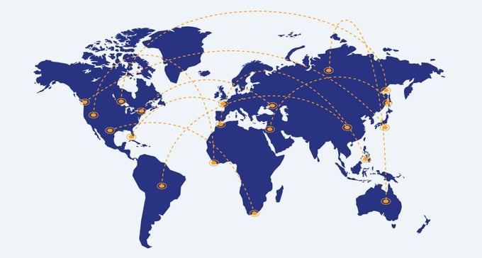 Map with land in blue, showing dotted line bouncing around the world.