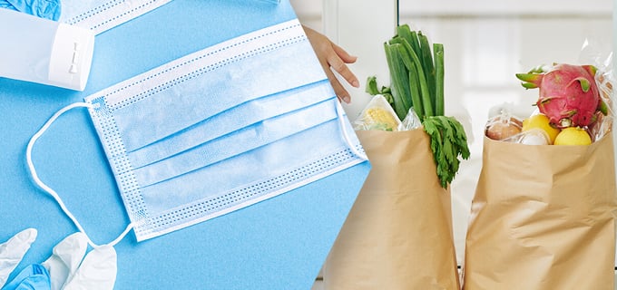 Image showing face masks transitioning into groceries.