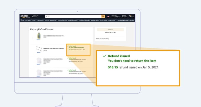 Amazon return screen with pop-up showing statement, "You don't need to return this item".