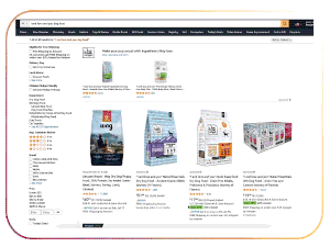 Gif of dog food brands on Amazon Search Results scrolling to see a Sponsored Brands Video ad.