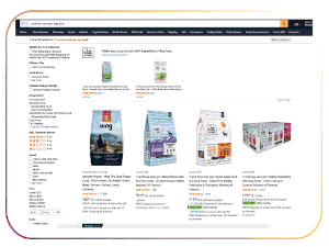 Gif of dog food brands on Amazon Search Results scrolling to see a Sponsored Brands Video ad.
