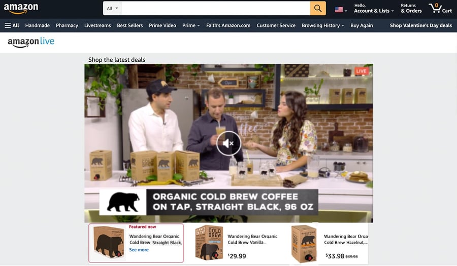 Amazon Live QVC showing people talk about and sell Wandering Bear Coffee.