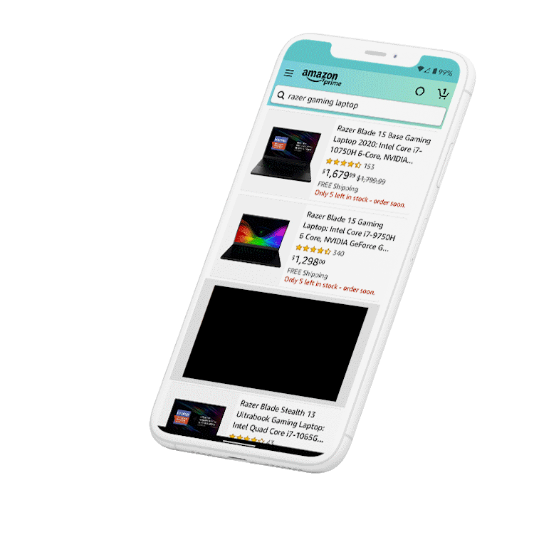 Gif of an Amazon Sponsored Video ad amidst razr gaming laptop search results on Amazon.